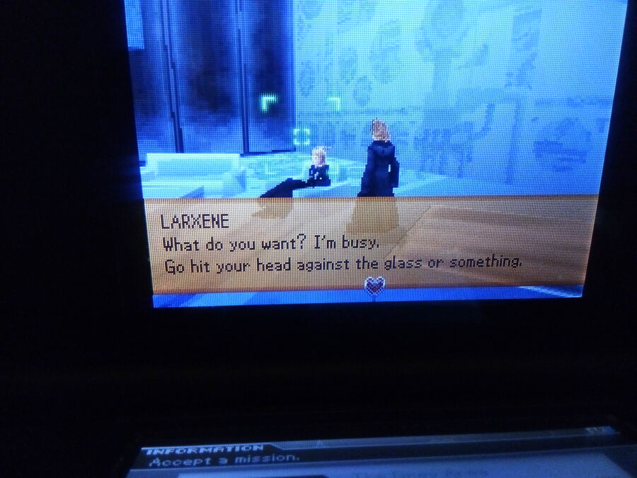 a photo of the Nintendo DS game Kingdom Hearts 358/2 Days. Larxene says to Roxas 'What do you want? I'm busy. Go hit your head against the glass or something.'
