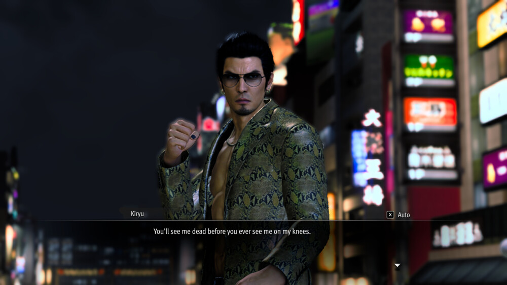 a screenshot of the game Like a Dragon Gaiden: The Man Who Erased His Name. the protagonist Kiryu Kazuma is wearing aviator sunglasses, gold hoop earrings, black nail polish, a gold chain necklace, and a replica of Majima Goro's snakeskin jacket. he says 'You'll see me dead before you ever see me on my knees.'