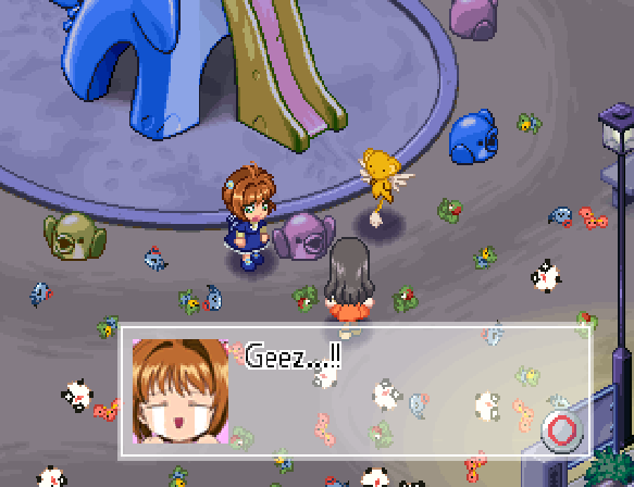 a screenshot of the game Animetic Story Game 1: Cardcaptor Sakura. Sakura, Tomoyo, and Kero are standing in the middle of King Penguin Park with small plushies surrounding them. A text box on the bottom shows Sakura saying 'Geez...!!'