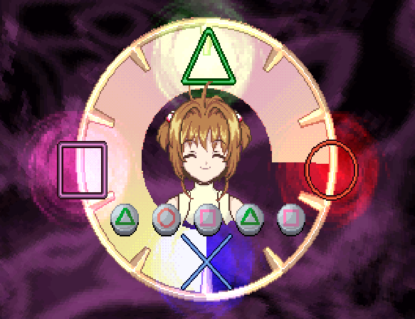 a screenshot of the game Animetic Story Game 1: Cardcaptor Sakura. A headshot of Sakura is in the middle, with large cross, square, triangle, and circle buttons of a playstation controller surround her.