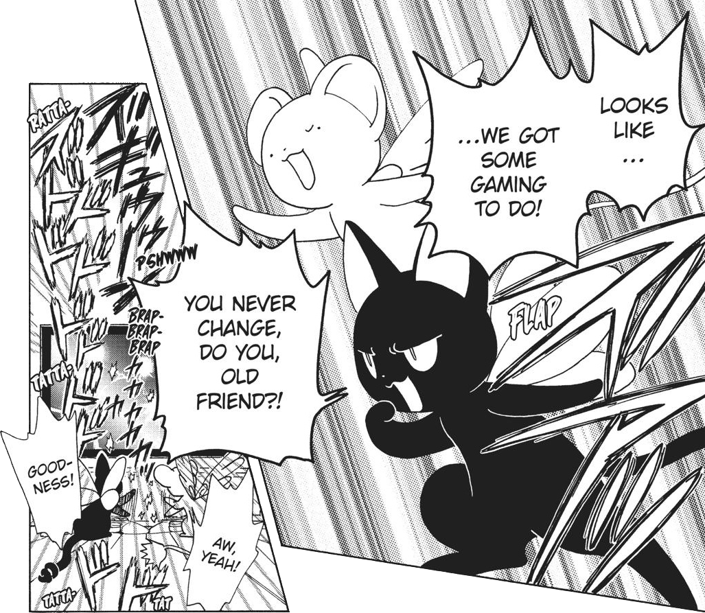 a manga cap of Kero and Spinel from the manga Cardcaptor Sakura Clear Card. Kero says 'Looks like we got some gaming to do!' and Spinel says 'You never change, do you, old friend?!'