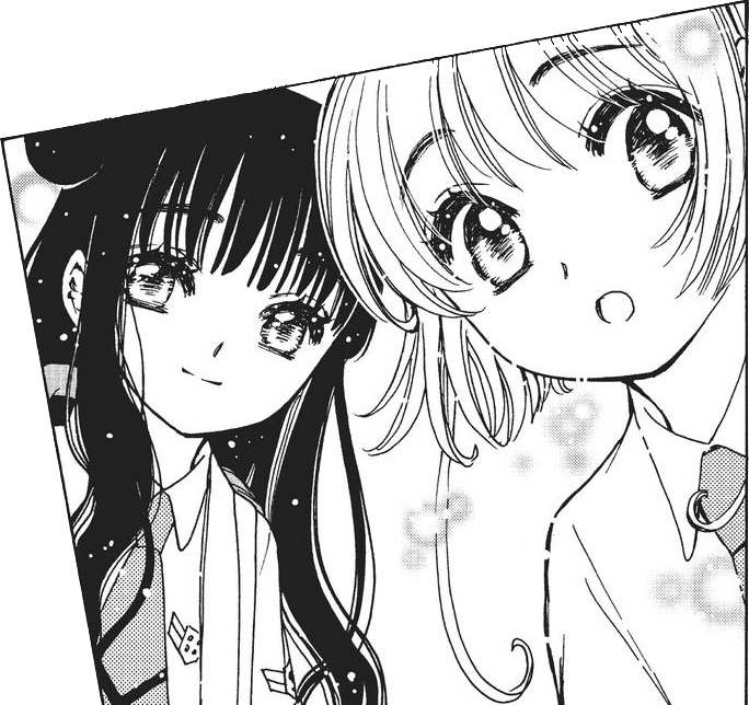 a manga cap of Tomoyo and Sakura from the manga Cardcaptor Sakura Clear Card. Sakura looks surprised and Tomoyo has a gentle smile on her face.