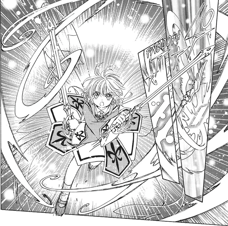 a manga cap of Sakura from the manga Cardcaptor Sakura Clear Card. Sakura is wielding two swords and is leaping towards the viewer.