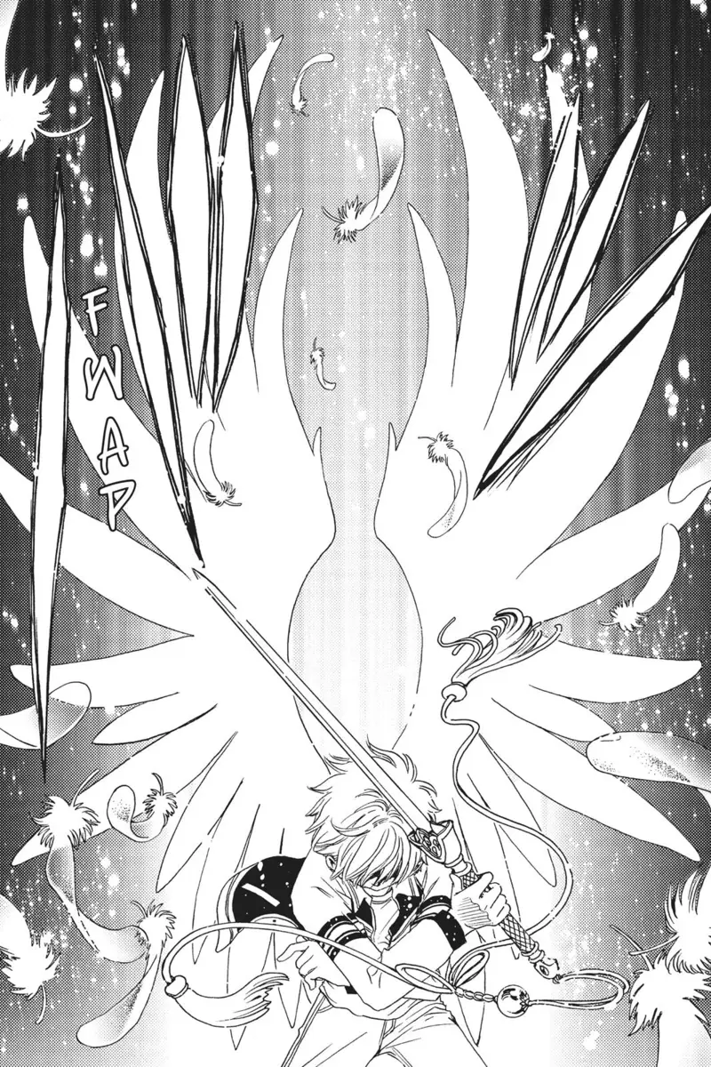 a manga cap of Syaoran from the manga Cardcaptor Sakura Clear Card. He is wielding a sword and has white wings.
