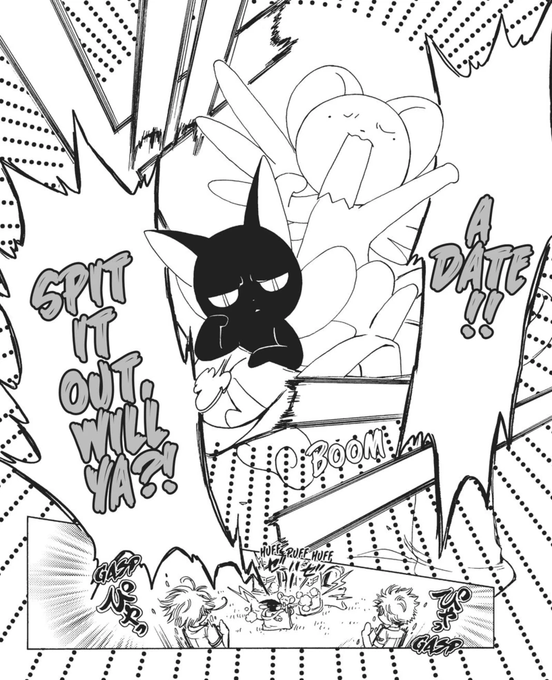 a manga cap of Kero and Spinel from the manga Cardcaptor Sakura Clear Card. Kero is yelling 'A date!! Spit it out, will ya?!' while Spinel is resting his head on one of his paws.